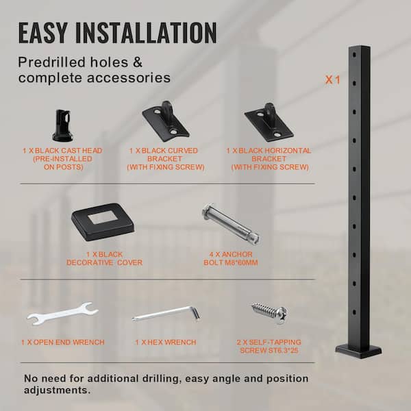 VEVOR Cable Railing Post 36 in. L x 1 in. W x 2 in. H Steel 30° Angled Hole Stair Railing Post Cable Rail Post (1-Pack )