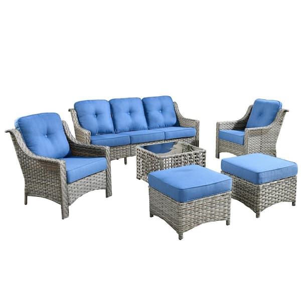 Verona Grey 6-Piece Wicker Modern Outdoor Patio Conversation Sofa Seating Set with Sky Blue Cushions