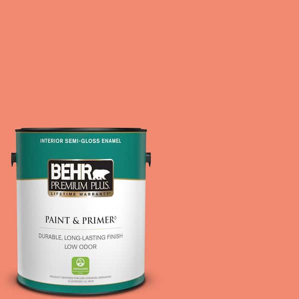 BEHR PREMIUM PLUS 1 gal. #190B-5 Juicy Passionfruit Semi-Gloss Enamel Low Odor Interior Paint & Primer
