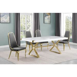 Miguel 5-Piece Rectangle White Wood Top Gold Stainless Steel Dining Set with 4-Dark Gray Velvet Chairs.