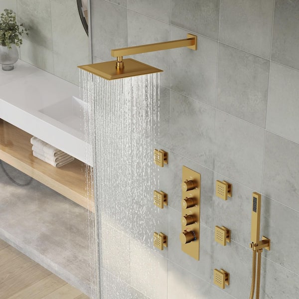 7-Spray Patterns 12 in. Wall Mount Dual Shower Heads with 6-Jet in Brushed Gold (Valve Included)