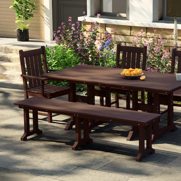 Hayes 65 in. Backless HDPE Plastic Trestle Outdoor Dining 2-Person Patio Garden Bench in Dark Brown