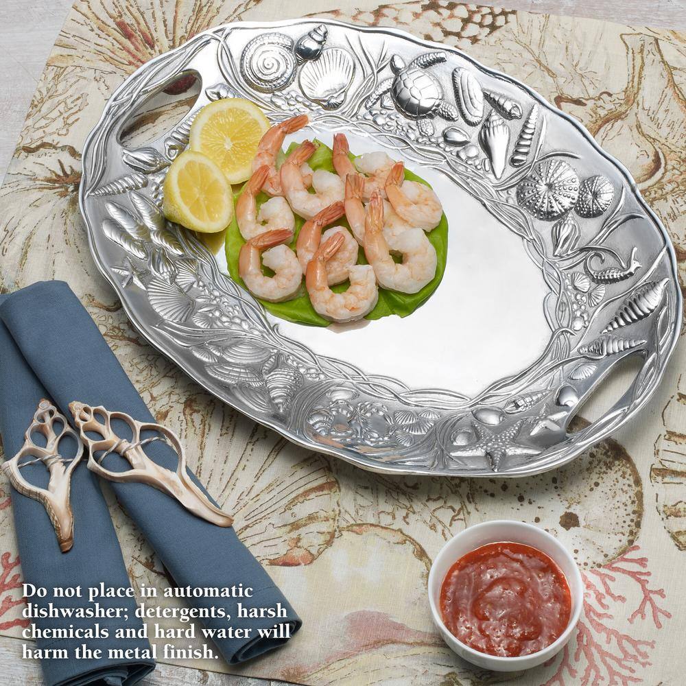Coastal Silver Alloy Handle Tray with Ocean Motifs