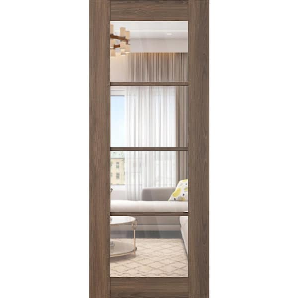 Vona 4 Lite 36 in. x 96 in. Pecan Nutwood 4-Lite Clear Glass Composite Solid Core Wood Interior Door Slab