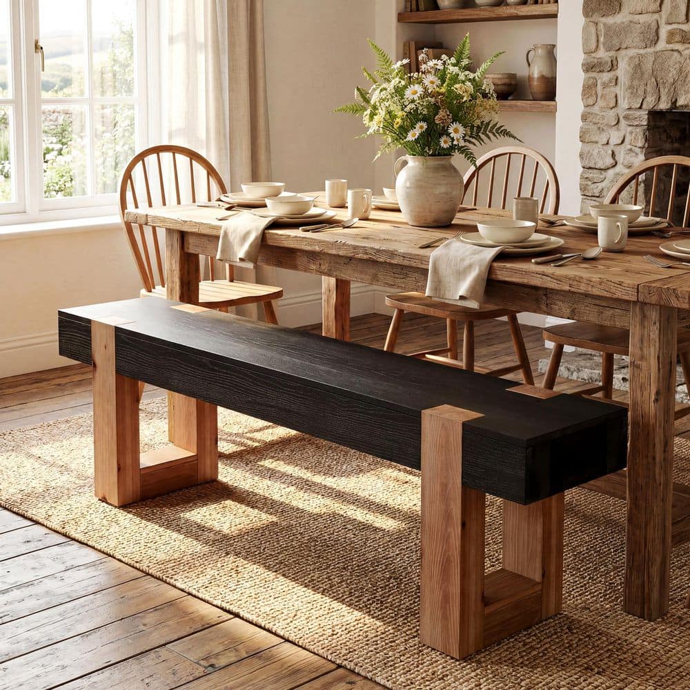 Brennan 55 in. Solid Wood Brown Black Rectangle Entryway Dining Bench Open Back Indoor Home Office Farmhouse Simple