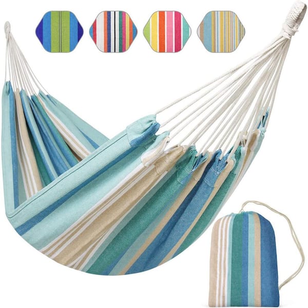 Unbranded 3.8 ft. Brazilian Hammock Portable Hammock Extra Large Canvas Hammock with Carry Bag( Blue Stripes)