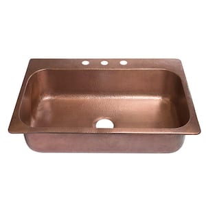 Angelico Drop-In Handmade Pure Copper 33 in. 3-Hole Single Bowl Kitchen Sink in Hammered Antique Copper