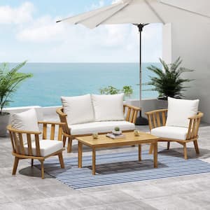 Solano Teak Brown 4-Piece Wood Patio Conversation Set with White Cushions and Rectangle Coffee Table