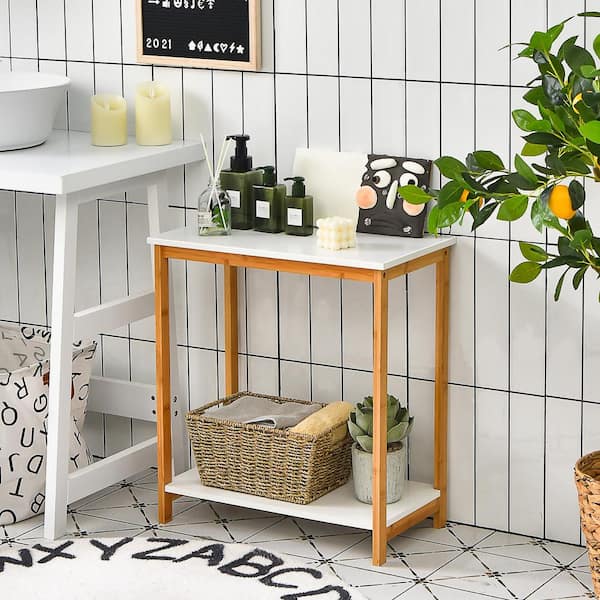 Costway 21 in. White Height 2-tier Side End Table with Bamboo Frame Modern Compact Nightstand