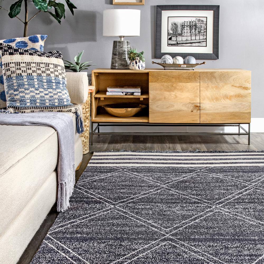 Blue and Beige Striped Synthetic Indoor/Outdoor Runner Rug