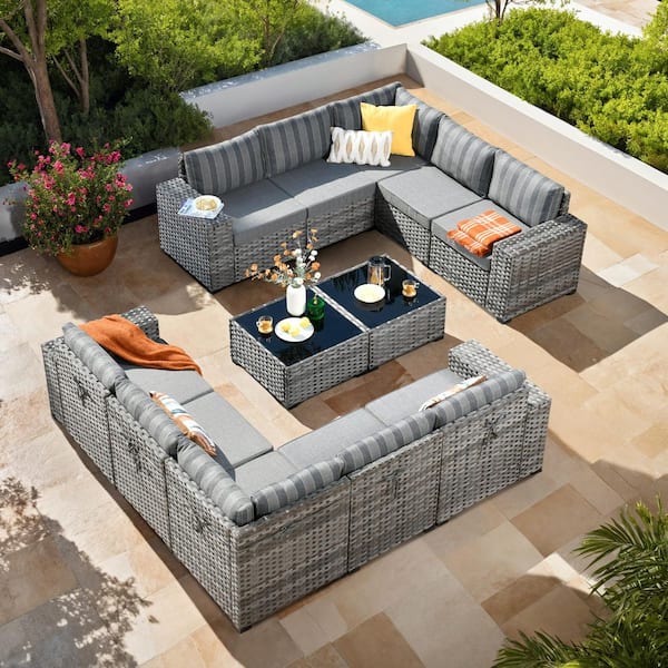 Beatrice 12-Piece Wicker Outdoor Sectional Set with Gray Stripe Cushions