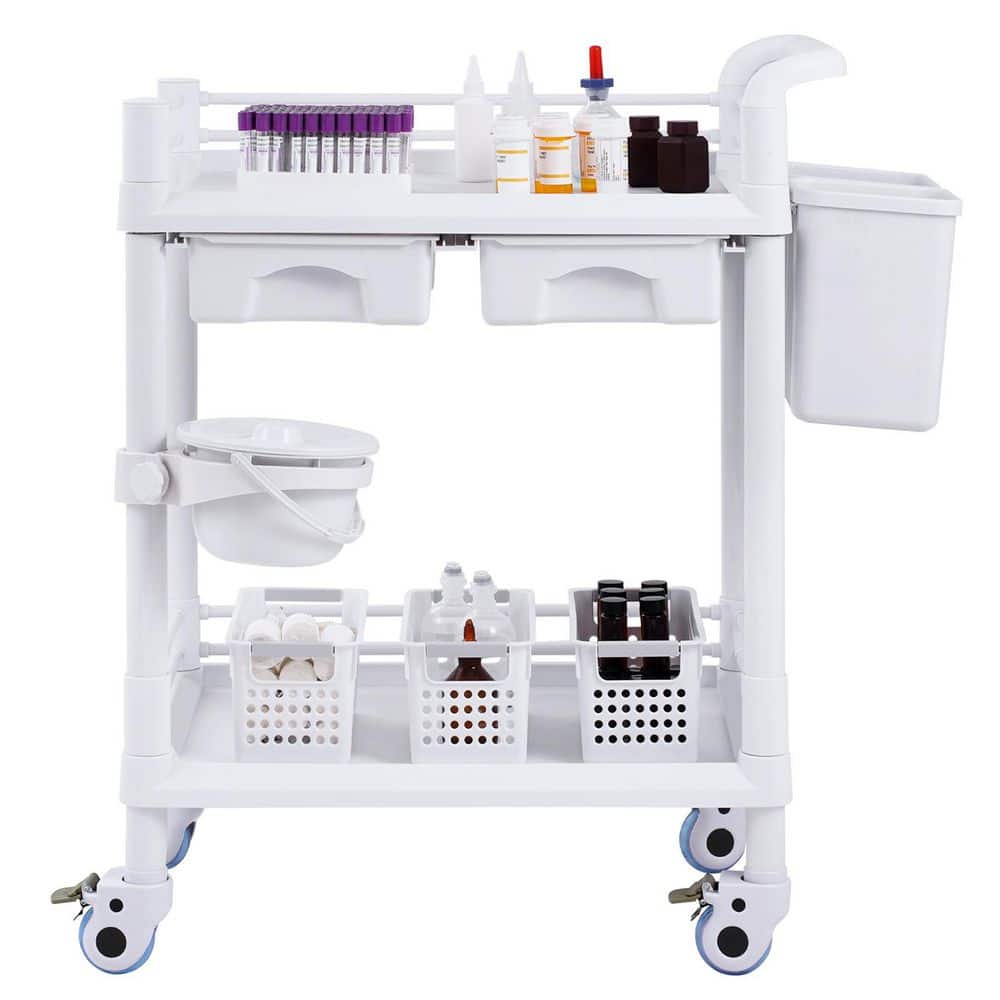 2 Tiers Lab Carts, Mobile Medical Cart with PP Material, 2 Drawers & 4 Silent Wheels, White Plastic Kitchen Cart