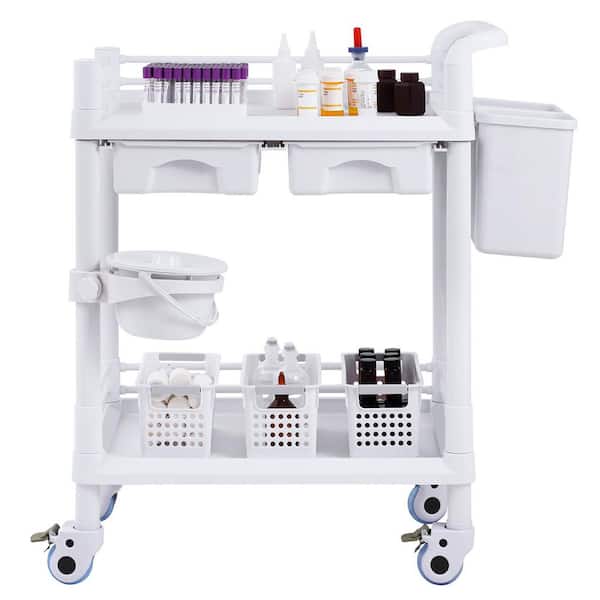 SKYSHALO 2 Tiers Lab Carts, Mobile Medical Cart with PP Material, 2 Drawers & 4 Silent Wheels, White Plastic Kitchen Cart
