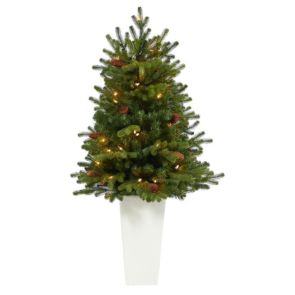 Nearly Natural 3.5 ft. Yukon Mountain Fir Artificial Christmas Tree with 50 Clear Lights and Pine Cones in White Planter