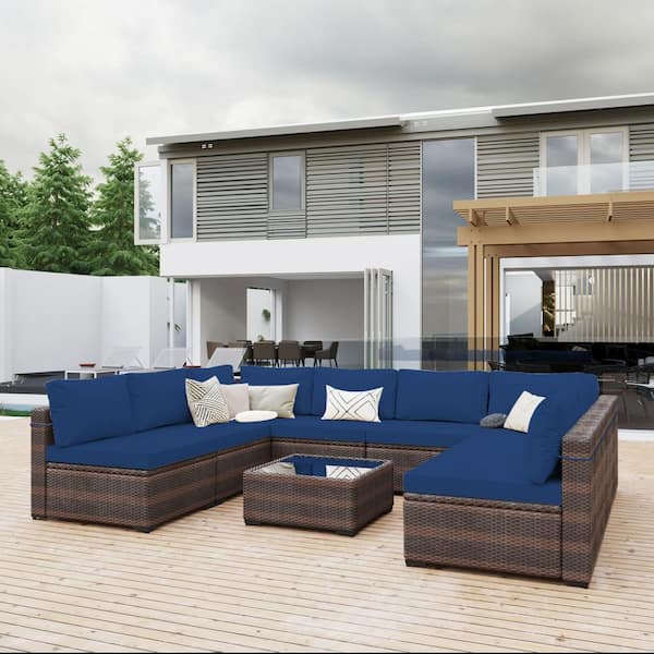 UPHA 9-Piece Rattan Wicker Patio Conversation Seating Set with Coffee Table and Navy blue Cushions