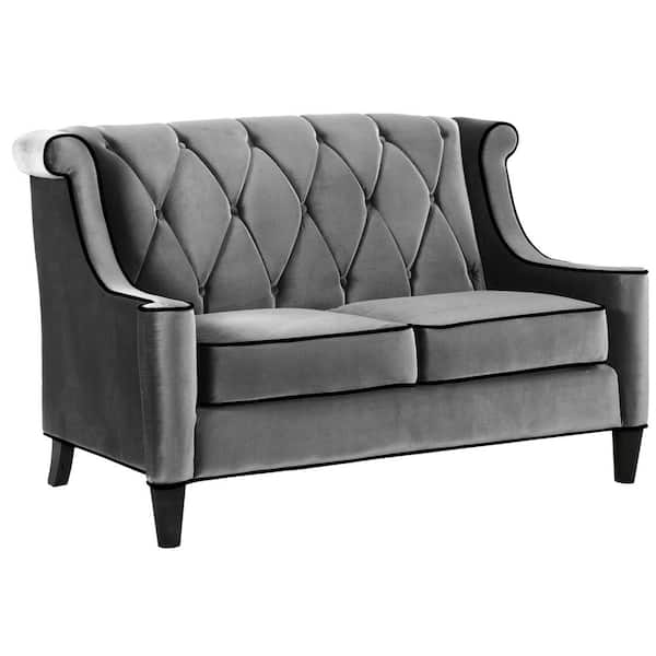 Armen Living Barrister 60 in. Gray Velvet 2-Seater Loveseat with Black Piping Round Arms