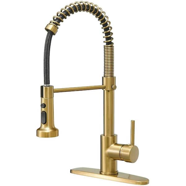 ABA Single Handle Gooseneck Pull Down Sprayer Kitchen Faucet with Deckplate Included and Handles in Brushed Gold