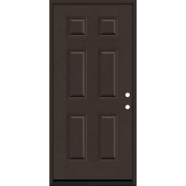 Regency 36 in. x 80 in. 6 Panel LHIS Hickory Stain Mahogany Fiberglass Prehung Front Door with 4-9/16 Jamb