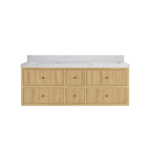 Willow Collections Sonoma Floating 60 in. H Double Sink Freestanding Light Natural Bath Vanity with Calacatta Sienna Qt. Top Unassembled