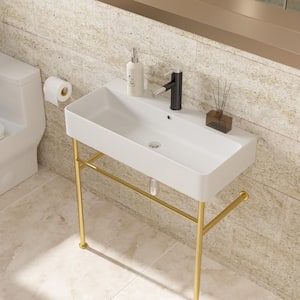 32 in. Ceramic White Console Sink Basin and Gold Legs Combo with Overflow