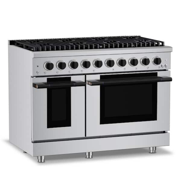 HausPro 48 in. 8-Burners 20000 BTU Freestanding Double Oven Dual Fuel Range in Stainless Steel w/ Convection Matte Black