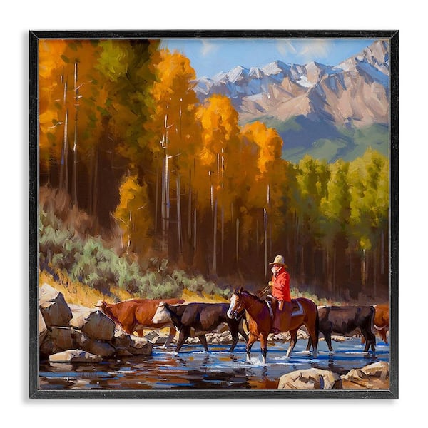 Stupell Industries Herding Cattle Through Stream by Jimmy Dyer 1 Piece Framed Graphic Print Nature Poster Art Print 17 in. x 17 in.