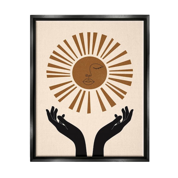 The Stupell Home Decor Collection Hands Holding Desert Sun with Face Linework by JJ Design House LLC Floater Frame Abstract Wall Art Print 31 in. x 25 in.