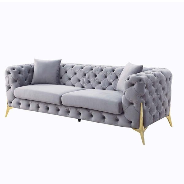 Benjara Gray and Gold Rolled Arm Upholstery Modern Sofa with Button Tufted and Angled Gold Legs