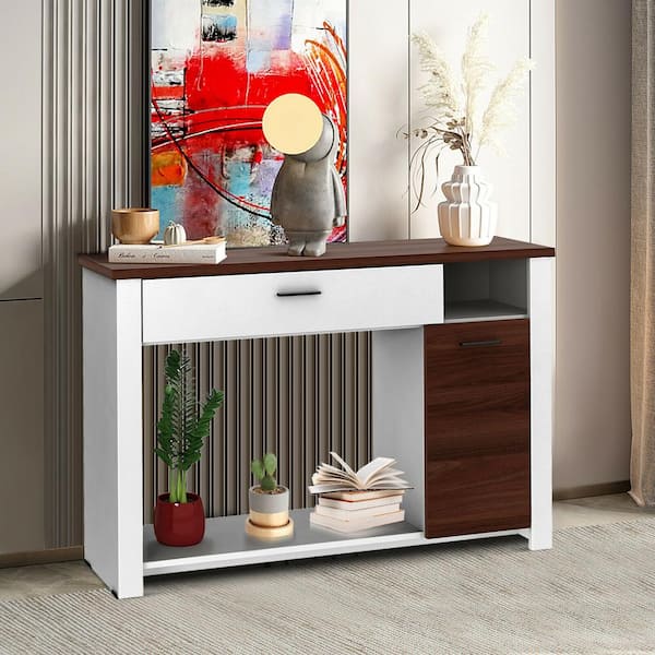 48 in. L x 31.5 in. H Walnut Rectangle Wood Console Table with Drawer and Cabinet