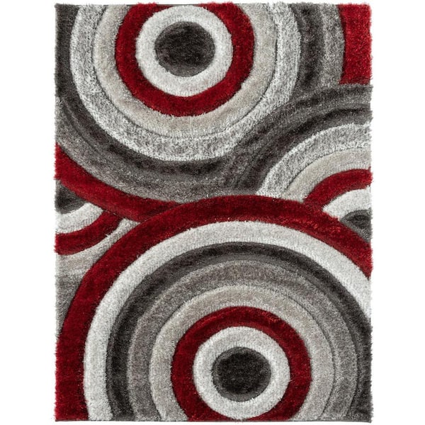 LUXE WEAVERS Lantanas Collection Red 8 ft. x 10 ft. Shag Geometric Circles Polypropylene Area Rug