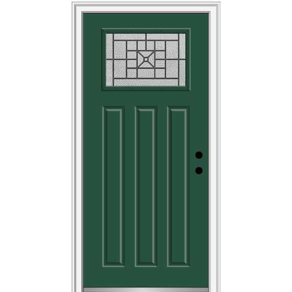 36 in. x 80 in. Courtyard Left-Hand 1-Lite Decorative Craftsman 3-Panel Painted Fiberglass Smooth Prehung Front Door