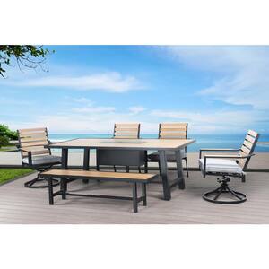 Benton Black 6-Piece Metal Rectangle Outdoor Dining Set with Gray Cushions and Built-In Cooler