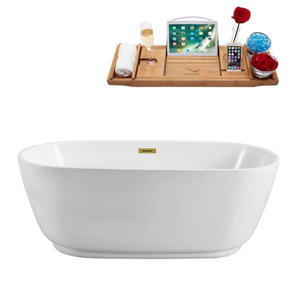 Streamline 59 in. Acrylic Flatbottom Non-Whirlpool Bathtub in Glossy White with Polished Gold Drain and Overflow Cover