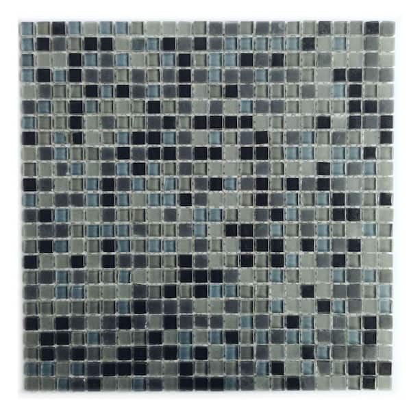 Petite Blue Gray & Black 12 in. x 12 in. Square Glossy Glass Mosaic Wall Pool Floor Tile (5 Sq. Ft./Case)