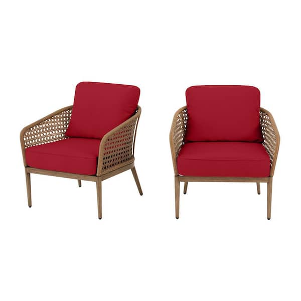 Hampton Bay Coral Vista Brown Wicker Outdoor Patio Dining Chair with CushionGuard Chili Red Cushions (2-Pack)