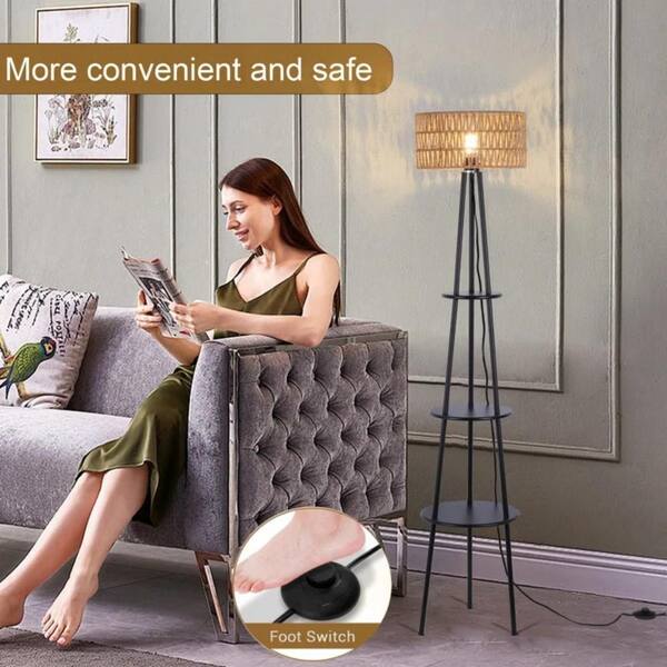 INNOBULE 66.14 in Black Rattan Tray Table Tripod Floor Lamp with 1