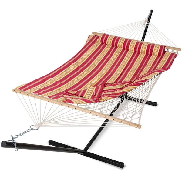 Atesun 10 ft. x 12 ft. Quilted Rope Hammock and 12 ft. Steel Stand with Detachable Pillow, Red Stripe
