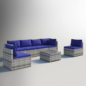 HZY 7-Pieces Gray Wicker Outdoor Sectional Set with Navy Blue Cushions and Coffee Table