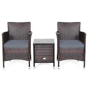3-Piece PE Wicker Patio Conversation Sets Chairs Coffee Table Garden with Gray Cushion