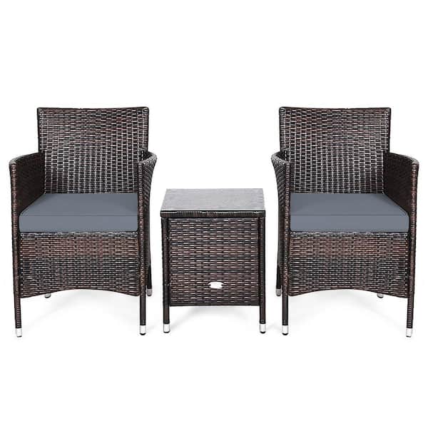 Costway Brown 3-Piece Wicker Patio Conversation Seating Set with Gray Cushions