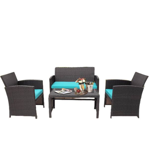 Afoxsos 4-Piece Patio Rattan Furniture Set with Turquoise Cushioned Chairs, Sofa and Coffee Table
