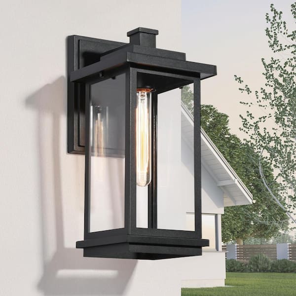 Modern 14.8 in. Large 1-Light Black Outdoor Wall Lantern Sconce with Clear Glass Shade for Garage Front Porch Wall Light