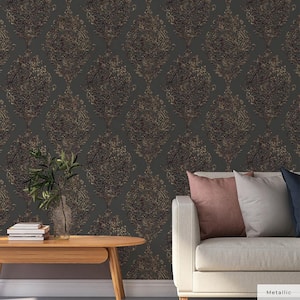 Metallic Charcoal Estate Damask Unpasted Wallpaper Roll (Covers 56 sq. ft.)