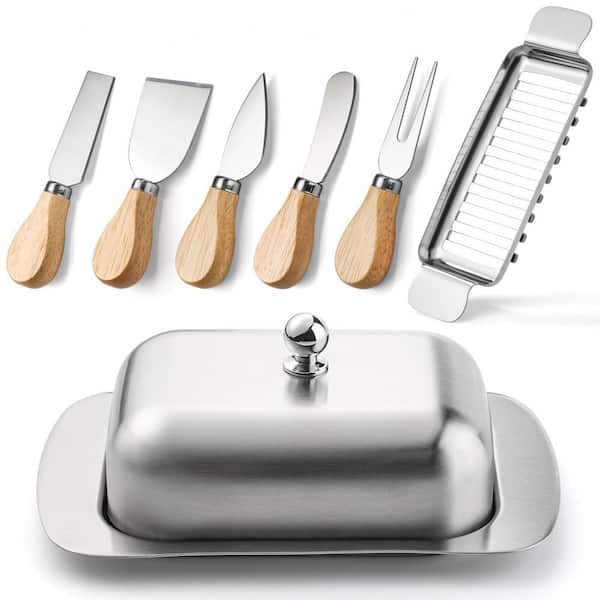 Stainless Steel Butter and Cheese Dish with Lid, Slicer Cutter, and 5-Piece Knife Set, Multipurpose Food