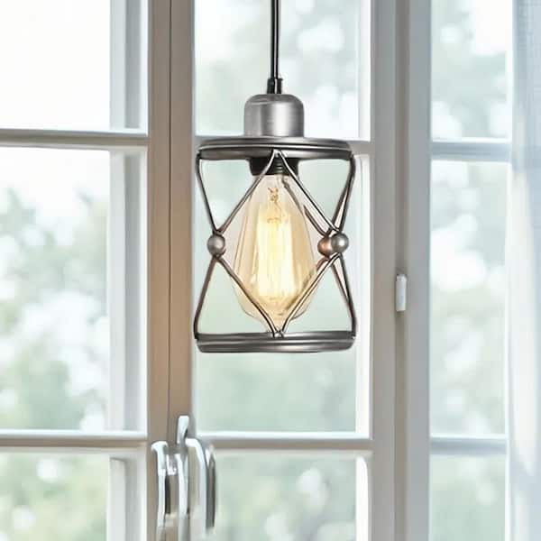 MODERN HABITAT LanternBlanc 1 Light Silver Grey Rustic Mini Cage Pendant Lamp Adjustable Metal Hanging Lamp(Bulbs no included)