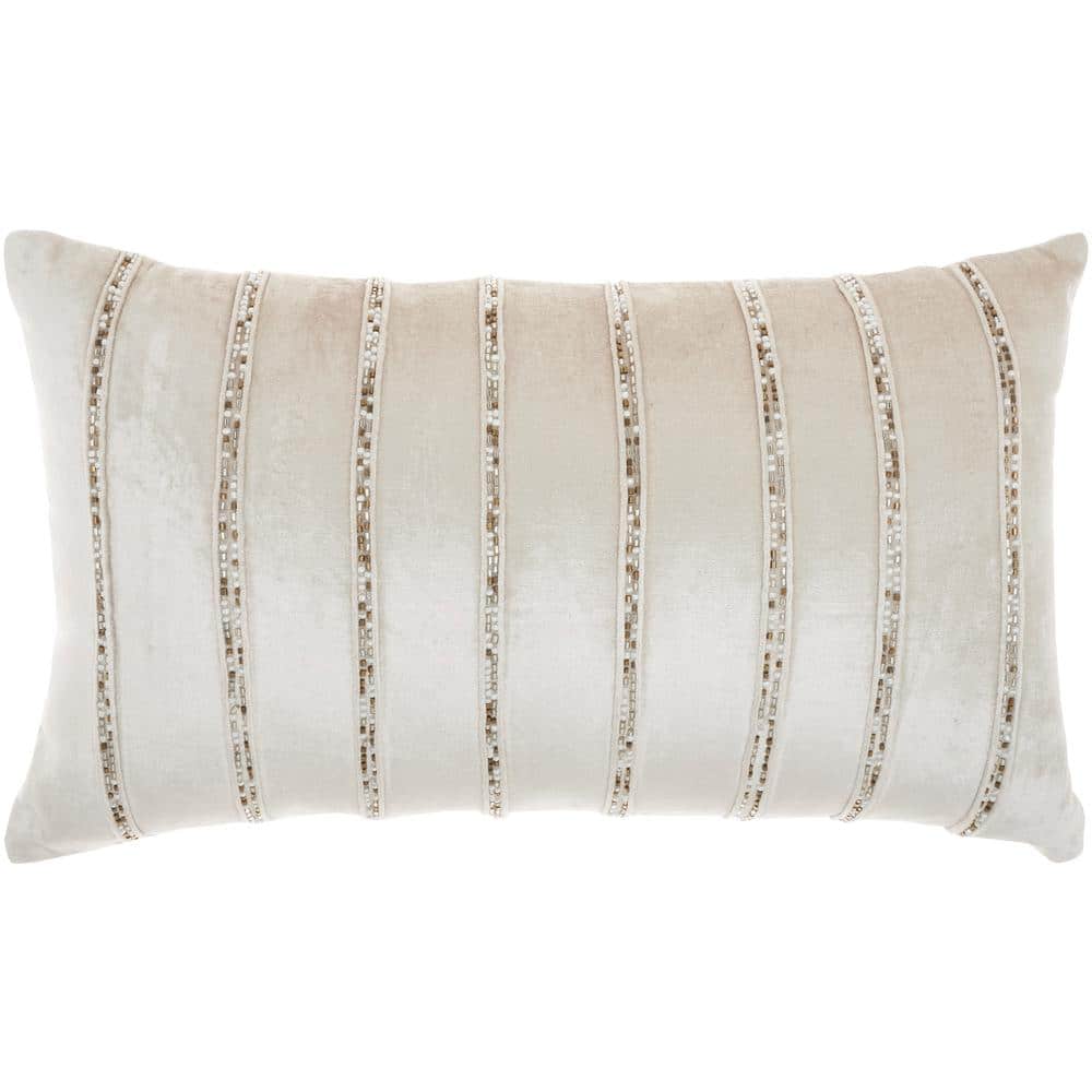 Beige Velvet Lumbar Pillow with Beaded Stripes 12" x 21"