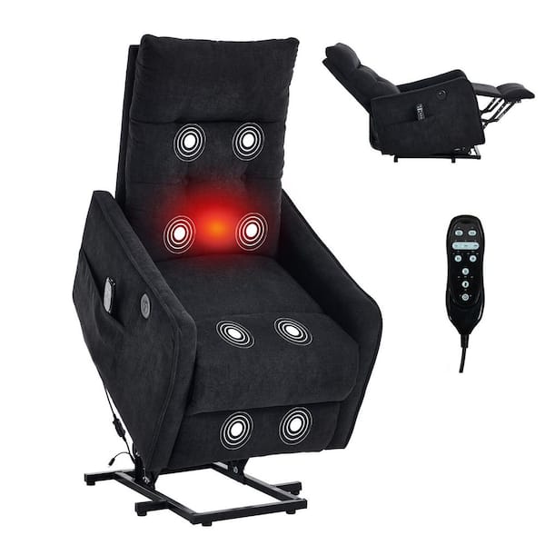 Black Chenille Single Motor Power Lift Recliner Chair with Massage and Heat, Heavy Duty Motion Mechanism and 1 USB