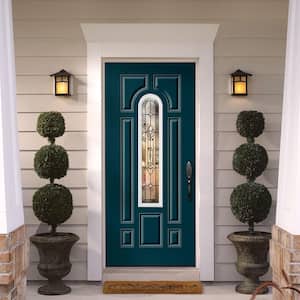 36 in. x 80 in. Providence Center Arch Left Hand Inswing Painted Steel Prehung Front Door with Brickmold, Vinyl Frame