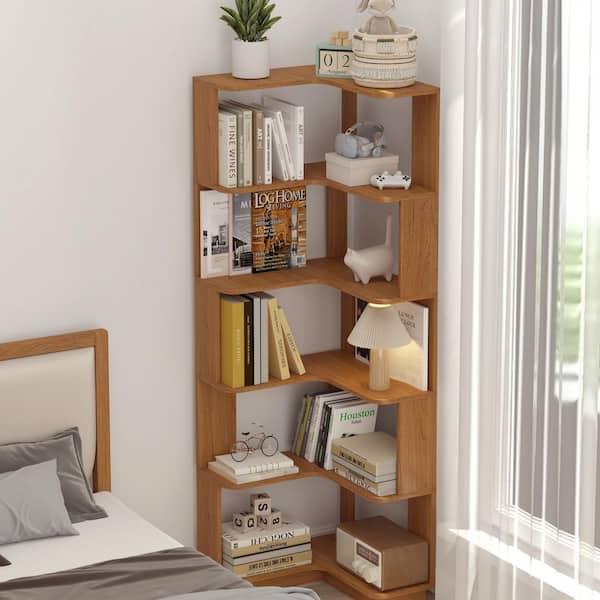 Capron 64.57 in. Dark Oak Wood L-Shaped 5-Tier Bookcases, Open Storage Rack Organizer for Home Office