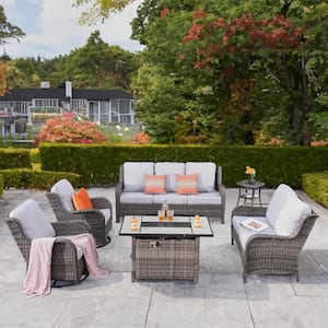 Moonquake Gray 6-Piece Wicker Patio Fire Pit Set with Rectangular Gray Cushions and Swivel Rocking Chairs